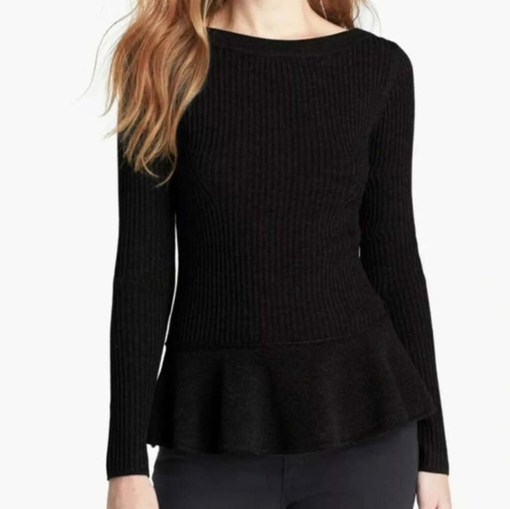 Tory Burch Ramona black peplum sweater small merino quiet luxury dark academia